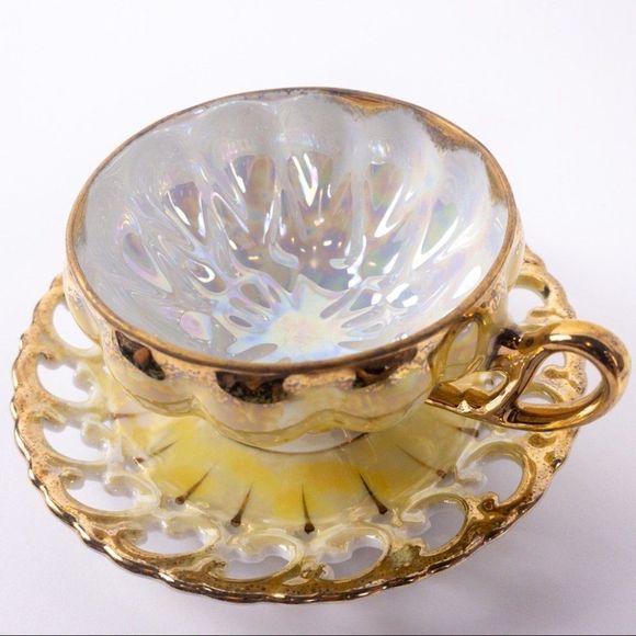 Vintage Royal Sealy Tea Cup in Luster Yellow with Gold and Iridescent Accents - Picture 8 of 8